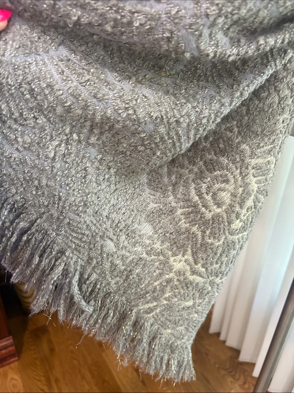 Textured metallic gold gray floral textured pattern Fringe Shawl Wrap